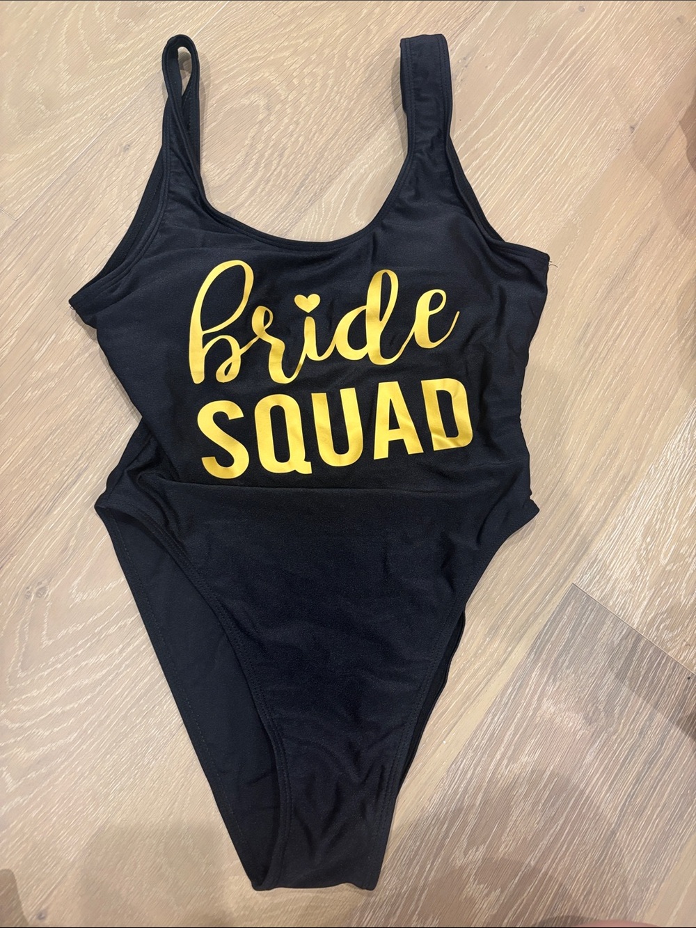 Bride Squad Black One-Piece Swimsuit with Gold Print